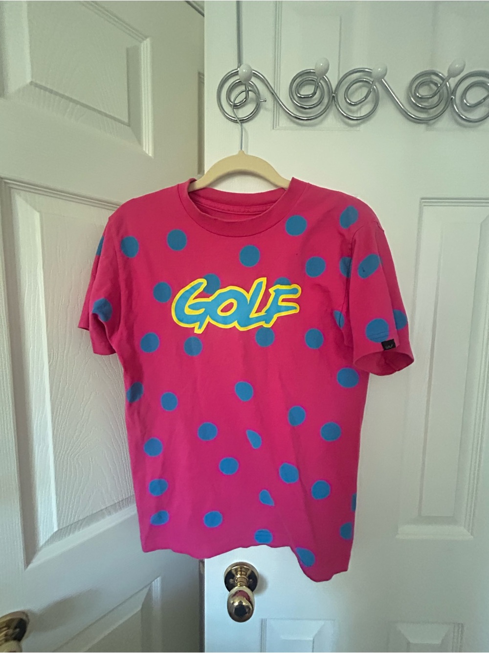 Tyler The Creator Golf Wang Hot Pink Tee with Blue Polka Dots and Yellow Logo
